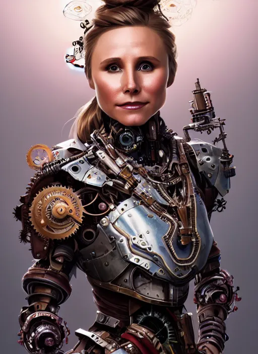 Prompt: portrait of kristen bell, robot steampunk, floral! horizon zero dawn machine, intricate, elegant, highly detailed, ray tracing, digital painting, artstation, concept art, smooth, sharp focus, illustration, art by artgerm and greg rutkowski and alphonse mucha, 8 k