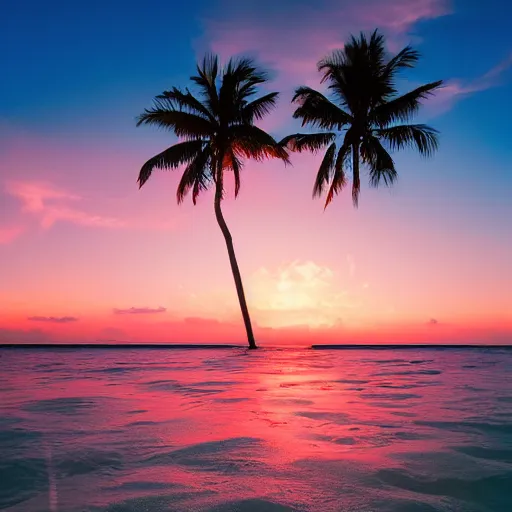 Image similar to Photo of the middle of the ocean, tiny islands made of sand and sandbars, a couple of palm trees, sunset, pink clouds, dreamy, enchanting, ultrarealistic