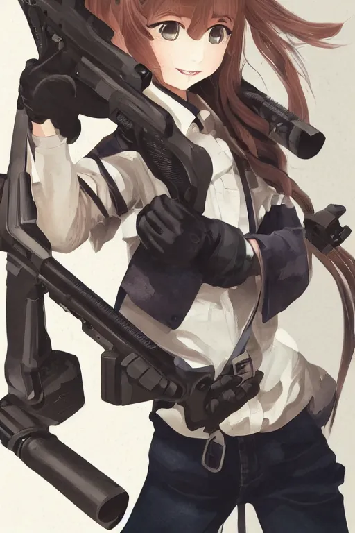 Prompt: illustration of a girl smiling holding a gun, drawn by mai yoneyama, hasuimo, palow, kaechang, and mitsume takahashi, detailed, dynamic lighting, pixiv art, digital art, anime art,