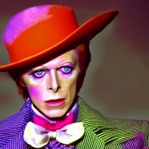 Prompt: stunning awe inspiring David Bowie as Willy Wonka 8k hdr movie still amazing lighting