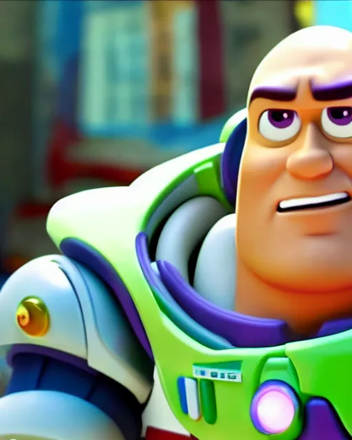 Image similar to Film still close-up shot of Dwayne Johnson as Buzz Lightyear in the movie Toy Story 3. Photographic, photography