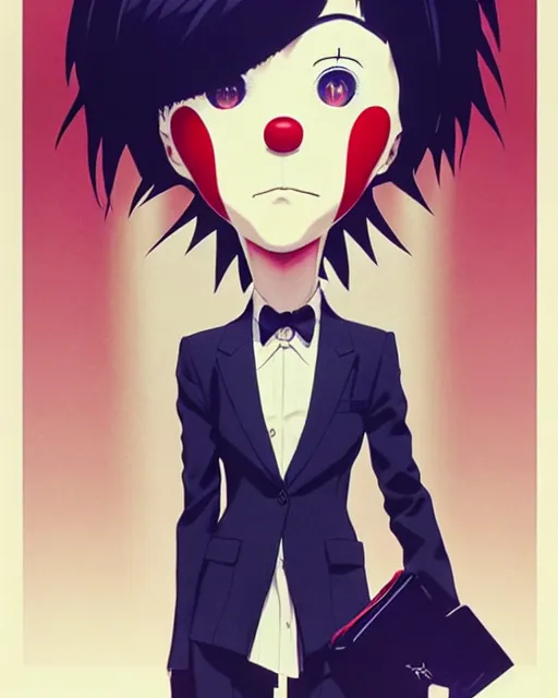 Image similar to clown in a suit | | very very anime!!!, fine - face, audrey plaza, realistic shaded perfect face, fine details. anime. realistic shaded lighting poster by ilya kuvshinov katsuhiro otomo ghost - in - the - shell, magali villeneuve, artgerm, jeremy lipkin and michael garmash and rob rey