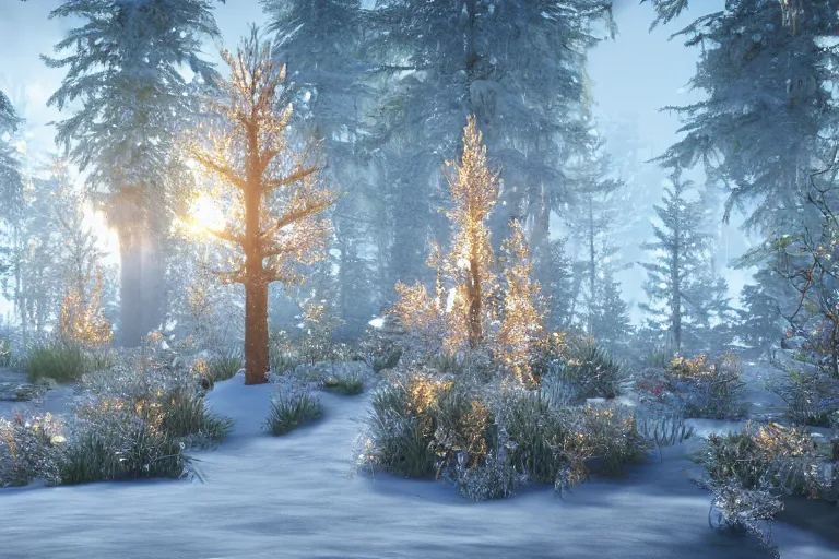 Prompt: crystalized forest with gilded trees and jeweled flowers by unreal engine, photorealistic