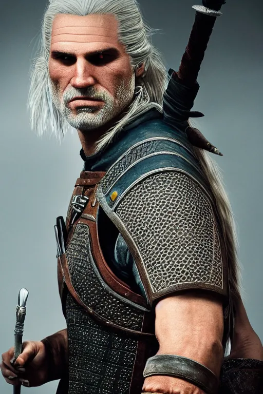 Image similar to portrait of geralt of rivia, 5 5 mm lens, professional photograph, times magazine, serious, stern look