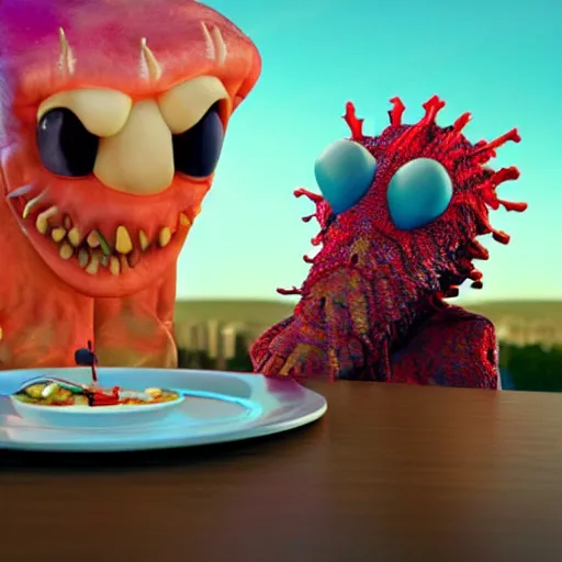 Image similar to pinhead eating breakfast, while xenophobic creature flies