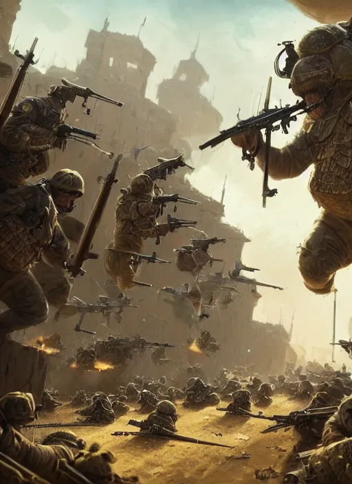 Image similar to highly detailed illustration featuring hamsters at war, stephen bliss, unreal engine, fantasy art by greg rutkowski, global illumination, radiant light, detailed and intricate environment, hamsters, hamsters holding rifles, hamsters dressed in battle gear