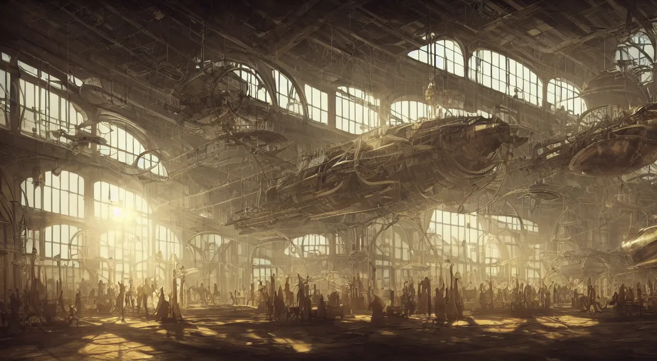 Image similar to realist illustration, inside an airship factory, steampunk, art nouveau, dust, light beams through high windows, concept art, 4 k, art station trend, octane render, sharp details