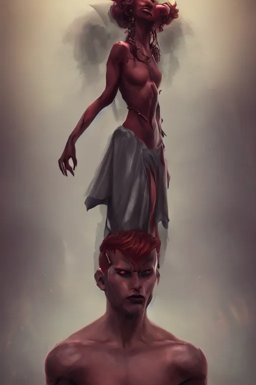 Prompt: djinn man demon, fashion photography, portrait, full body character concept art, costume design, illustration, symmetrical face and body, single face, cinematic color grading, editorial photo, fashion, hyperrealism, trending on artstation, Charlie Bowater, WLOP
