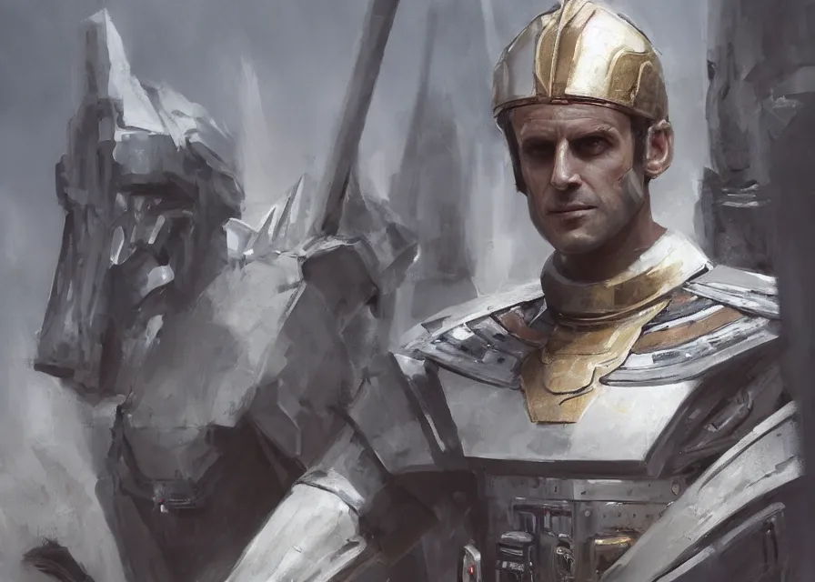Prompt: painting portrait of Emmanuel Macron dressed as Emperor Vitiate Valkorion in Star Wars, sharp focus, waist up, trending on ArtStation, masterpiece, by Greg Rutkowski, by Ross Tran, by Fenghua Zhong, octane, clear eyes, soft render, clear facial features, oil on canvas, moody lighting, cinematic, professional environment concept art