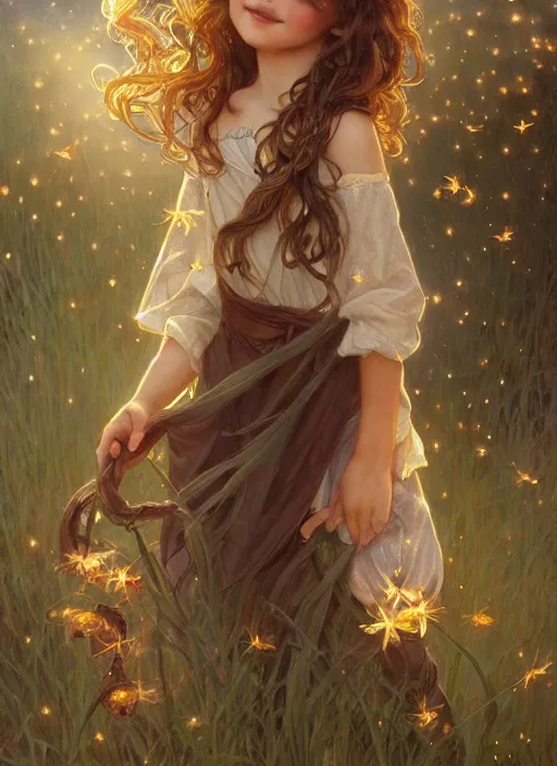 Image similar to A cute little girl with shoulder length curly brown hair with a happy expression wearing a summer dress dancing with fireflies, she is in the distance. beautiful fantasy art by By Artgerm and Greg Rutkowski and Alphonse Mucha, trending on artstation.