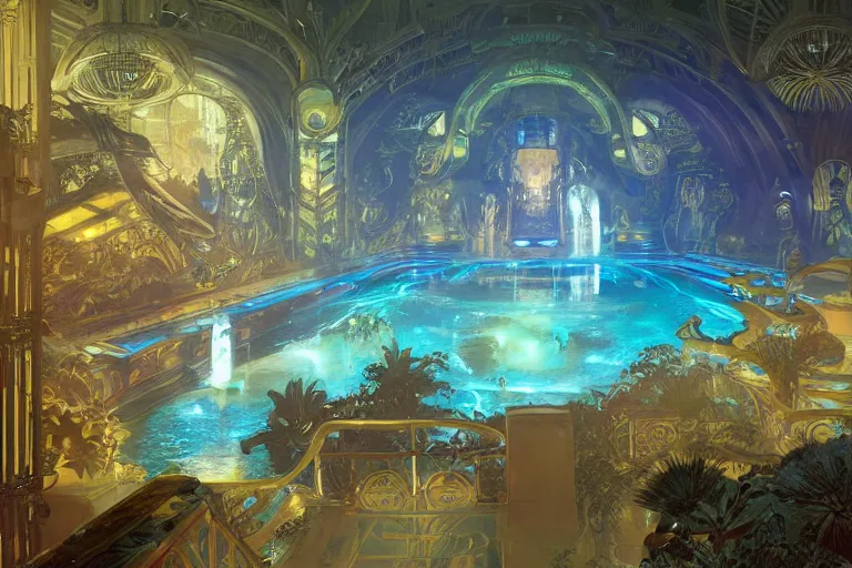 Image similar to Concept Digital Art Highly detailed Alien Art Deco Cybertron lazy river inside of the Palace of the Primes with glowing blue water at night by greg rutkowski, Ilya repin, alphonse mucha, and Edmund Blair Leighton. Very highly detailed 8K, octane, Digital painting, the golden ratio, rational painting