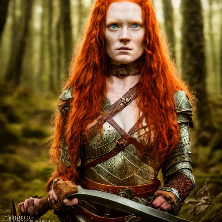 Image similar to 5 5 mm portrait photo of an armored handsome well - built female warrior, red hair, ginger hair, in a magical forest in the style of lord of the rings, highly detailed 8 k. intricate. lifelike. soft light. nikon d 8 5 0. cinematic post - processing