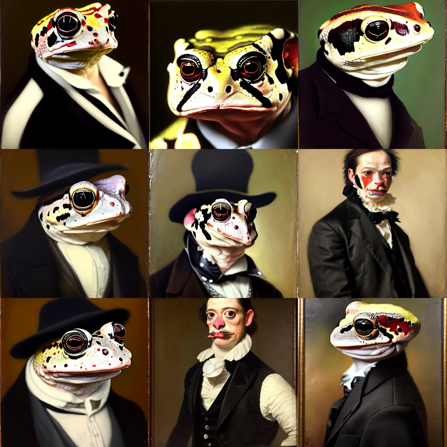 Prompt: a head and shoulders portrait of an amazon milk frog looking off camera wearing a black buttoned jacket with a vest and ascot, an american romanticism painting, a portrait painting, cgsociety, soft focus, oil on canvas