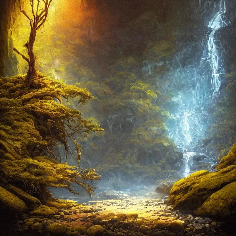 Image similar to A beautiful, highly detailed, very realistic oil painting of a single tree with rainbow leaves, next to a small river, glowing bright blue in the middle of a huge, very dark cave, with lots of dark grey rocks, oil painting by Greg Rutkowski, golden color scheme.