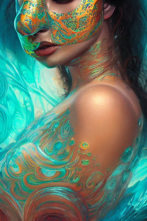 Prompt: a centered render of an alluring goddess wearing a psychedelic mask surrounded by a underwater ink pour, perfect face, powerful, cinematic, beautifully lit, by artgerm, by karol bak, 3 d, trending on artstation, octane render, 8 k