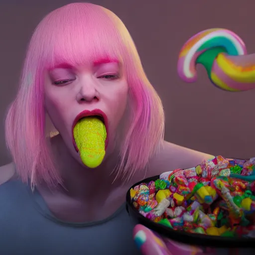 Image similar to portrait of an albino woman eating a lot of candy, unreal engine octane, colorful, hyper detailed, 50mm