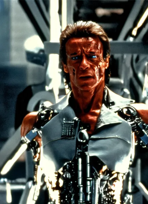 Prompt: film still of Silvester Stalone as The Terminator in The Terminator, 4k