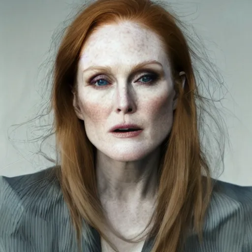 Prompt: portrait photo of julianne moore, full platinum blond, intense, pale skin, by kyle thompson, realistic, high detail, high quality, trending on pinteresst