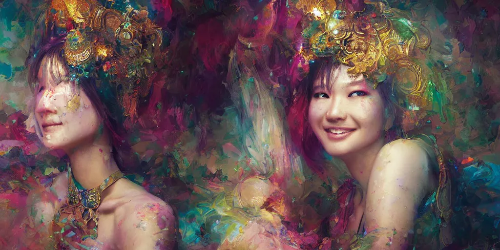 Image similar to Psychedelic portrait of a smiling Goddess by Stanley Artgerm Lau, Ruan Jia and Fenghua Zhong