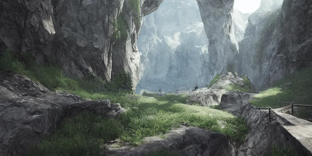 Prompt: narrow path between two mountains unreal engine render