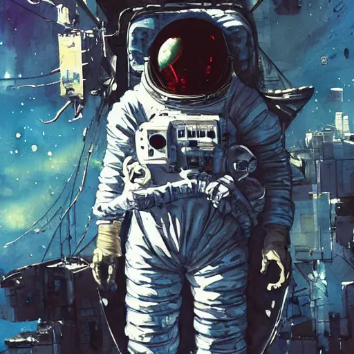Image similar to astronaut on a spacewalk, cyberpunk, realistic, detailed, Industrial Scifi, paint, watercolor, in the style of Ashley Wood and Wadim Kashin