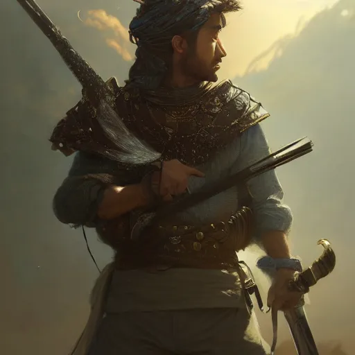 Image similar to Hyper realistic detailed portrait of a Kurdish samurai, Stephen Bliss, unreal engine, fantasy art by Greg Rutkowski, Loish, Rhads, ferdinand knab, Makoto Shinkai and Lois van baarle, ilya kuvshinov, rossdraws, Tom Bagshaw, alphonse mucha, global illumination, radiant light, detailed and intricate environment, highly detailed, award winning art