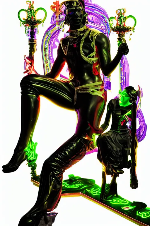 Image similar to full-body rococo and cyberpunk style neon statue of a muscular attractive Cubano sim roupa macho dotado e rico android sim roupa reclining con las piernas abiertas e la piroca dura e afuera, glowing red laser eyes, prince crown of red gears, diamonds, swirling black-colored silk fabric. futuristic elements. full-length view. aggressive space robots. giant balloon animals. human skulls. intricate artwork by caravaggio. Trending on artstation, octane render, cinematic lighting from the right, hyper realism, octane render, 8k, depth of field, 3D