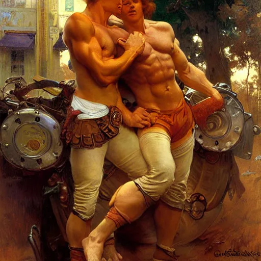 Image similar to attractive muscular ginger hair mike and muscular attractive brunet hair ty, drinking their hearts out, boys night out. highly detailed painting by gaston bussiere, craig mullins, j. c. leyendecker, alphonse mucha 8 k