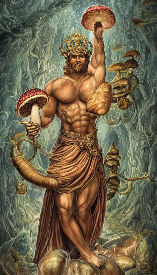 Image similar to a masterpiece hyperdetailed dnd tarot card, magnificent mushroom deity as depicted in a colossal greek marble statue ( with godlike bodybuilder physique ), hd tarot card depicting monumental statue of a mushroom god with cute large mushroom hat, hdr, 8 k, artstationhq, digital art