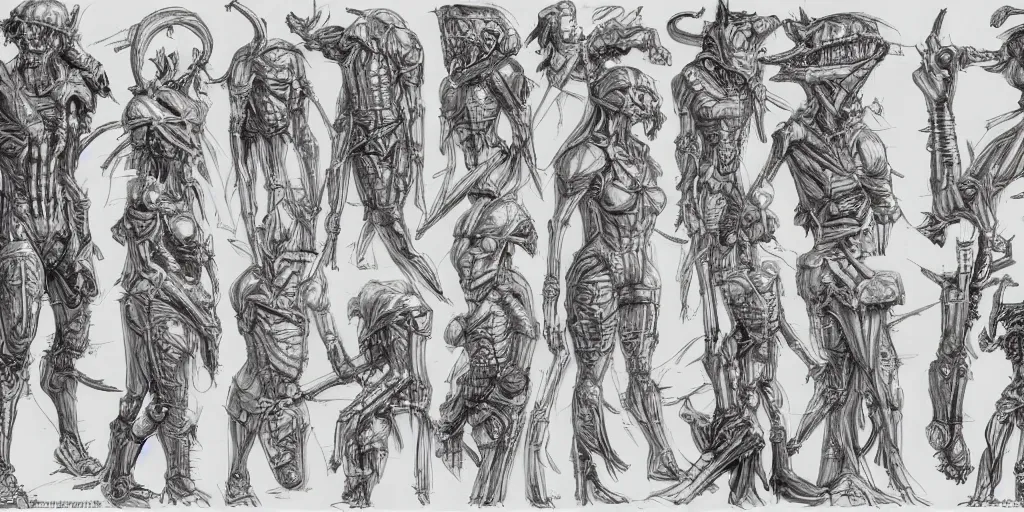 Image similar to highly detailed character sheet, expressive features, technical drawing, side view, human game protagonist designs, side - scrolling 2 d platformer, art by h. r. giger, kim jung gi and burne hogarth