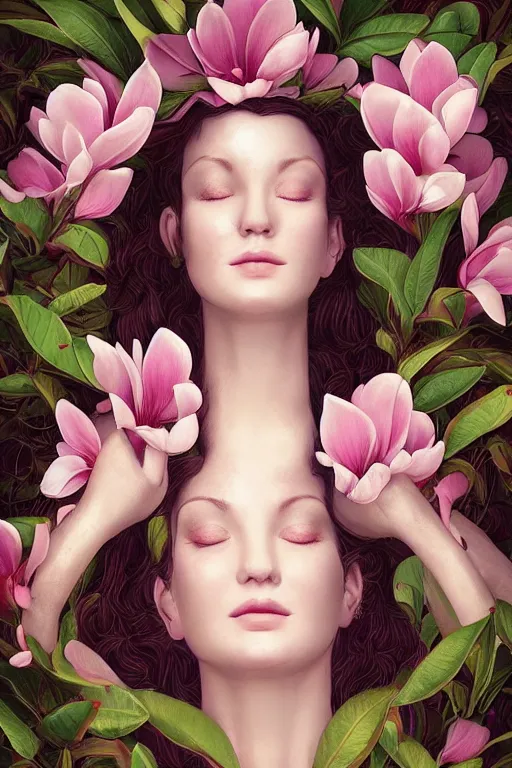 Image similar to a goddess of magnolia a queen of the garden, meditating! with a beautiful symmetrical face!!! cinematic lightning, isolated, studio lighting by ross tran