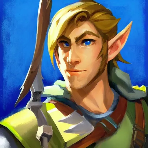 Image similar to greg manchess portrait painting of link from legend of zelda as overwatch character, medium shot, asymmetrical, profile picture, organic painting, sunny day, matte painting, bold shapes, hard edges, street art, trending on artstation, by huang guangjian and gil elvgren and sachin teng