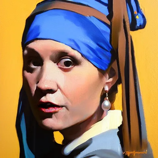 Image similar to greg manchess portrait painting of the girl with the pearl earring with the face of carrie fisher, medium shot, asymmetrical, profile picture, organic painting, sunny day, matte painting, bold shapes, hard edges, street art, trending on artstation, by huang guangjian and gil elvgren and gerald brom