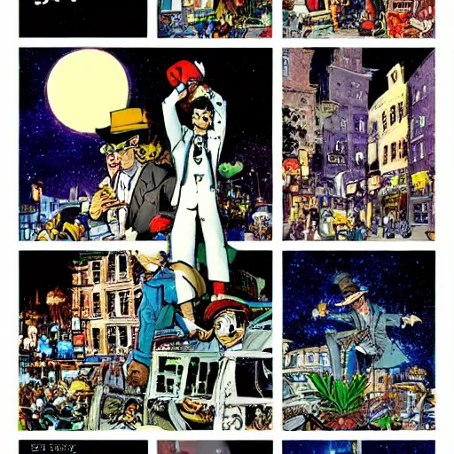 Image similar to full moon, figurines, travel!! tilt shift, style of will eisner, full of color, on white, smooth, thin sharp lines, detailed