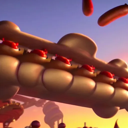 Prompt: pixar still of hotdogs falling from a blue sky at sunset in a steampunk city