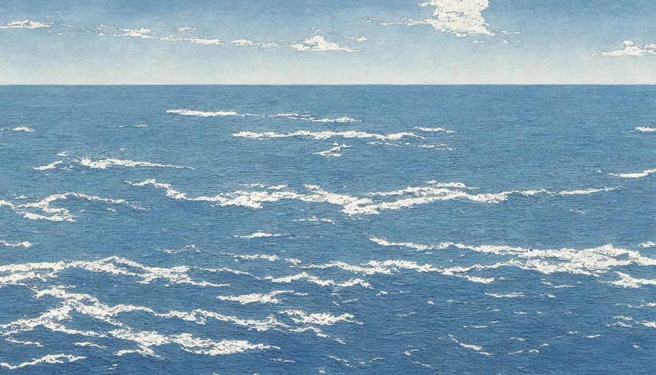 Image similar to huge open ocean oceanscape with horizon drawing by Moebius, minimalist, detailed