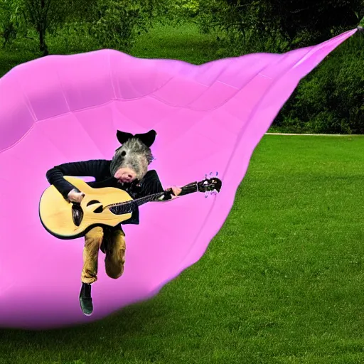 Image similar to The swell pig rat playing guitar while jumping in parachute