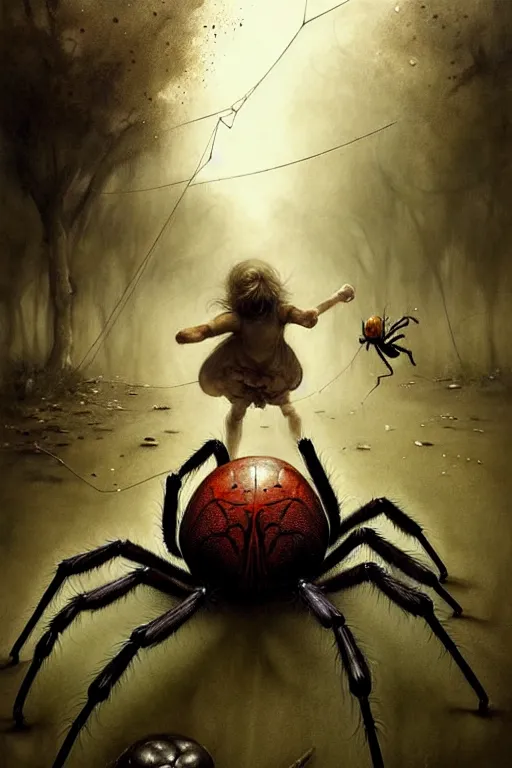 Image similar to screaming kids running away from huge spider | esoteric symbolism | jean - baptiste monge, esao andrews, bastien lecouffe - deharme, tim jacobus, ken currie | ultra - detailed realism, soft cinematic lighting, hi - fructose, artstation, high - quality, ink watercolors wes anderson poster art