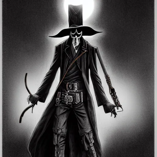 Prompt: a portrait of a plague doctor gunslinger, dark fantasy, horror, western, hell, ultrafine detailed digital pencil art by takeshi obata and mike mignola and greg rutkowski, death note style, colored, symmetric body, cgsociety, sharp focus, detailed face, looking at the camera