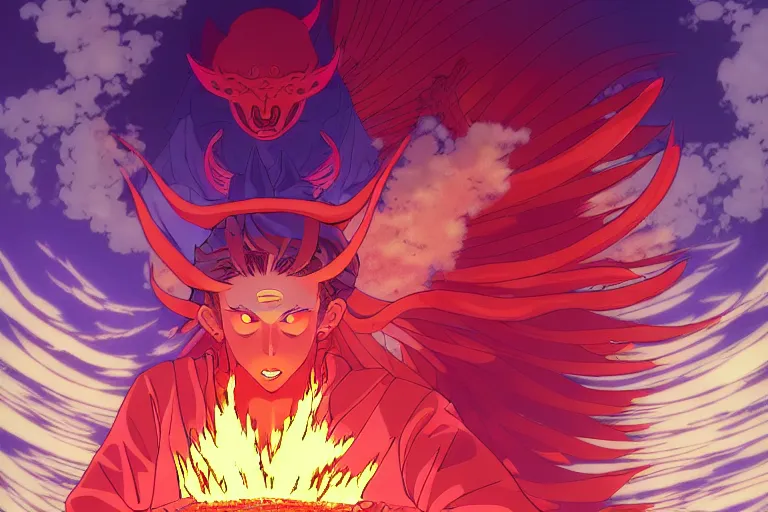 Image similar to digital illustration of a surprised child summoning a powerful demon, clean lines, extreme detail, cel shaded anime key visual in the style of moebius, ayami kojima, 9 0's anime, retro fantasy