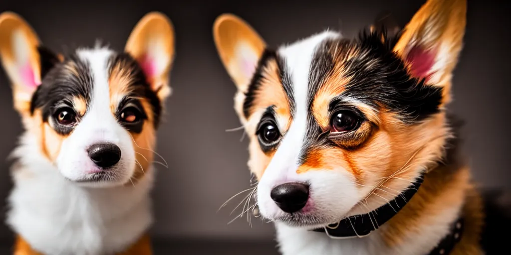 Image similar to a zeiss 8 5 mm f 1. 4 close up photo of a cute steampunk corgi puppy shot by steven mccurry