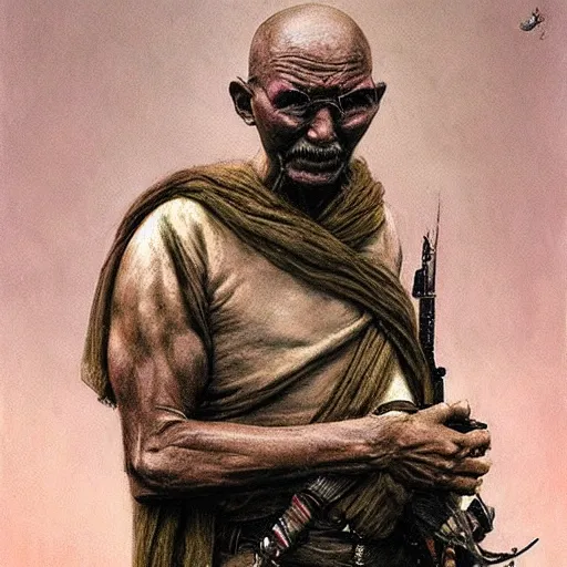 Prompt: Ghandi the military super solider screaming in agony dark fantasy, intricate, smooth, artstation, painted by Wayne Barlowe, zdislav beksinski