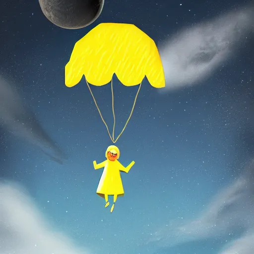 Image similar to lemon with a cape flying to the moon, digital art, highly detailed, cinematic, dramatic lighting