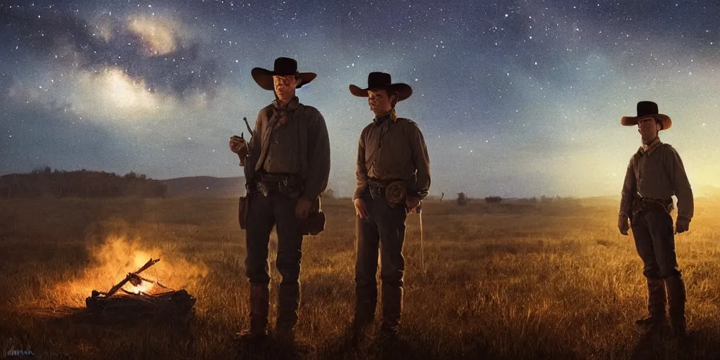 Prompt: in the old west, at a campfire at night, close up portrait of one sleeping bandit scoot mcnairy ( ( alone ) and wide shot of one young thomas brodie - sangster ( ( alone ) ) watches the stars and his horse grazes, in the style of a cinematic oil painting, warm color palate, astral