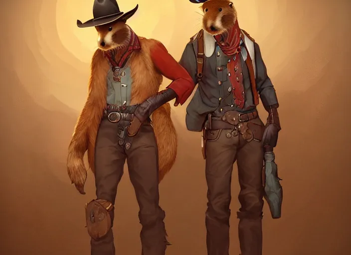 Image similar to character portrait feature of the anthro male anthropomorphic otter fursona wearing cowboy outfit wild west desperado character design stylized by charlie bowater, ross tran, artgerm, makoto shinkai, detailed, soft lighting, rendered in octane