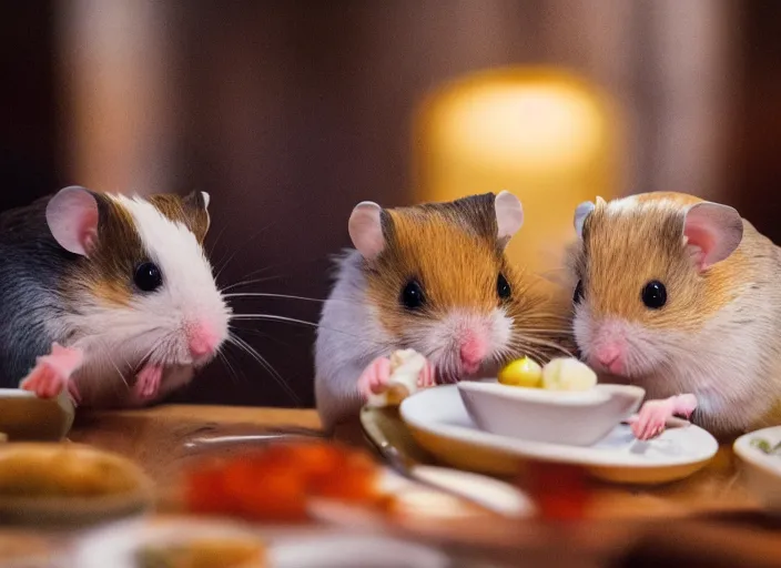 Image similar to photo of a hamsters on a date, eating various michelin dishes, at night, faded colors, candlelit restaurant table, various poses, soft light, centered, sharp focus, 8 k