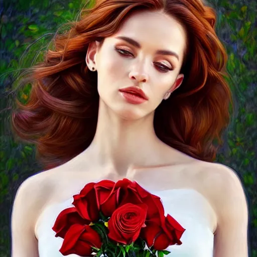Image similar to portrait of a gorgeous woman holding a bouquet of roses in the style of stefan kostic, auburn hair, realistic, sharp focus, intricate, white dress, elegant, insanely detailed, 8 k high definition, art by artgerm, mark hill