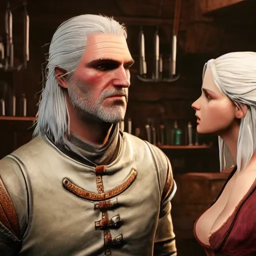 Image similar to geralt of rivia teaching ciri how to make potions in an alchemy lab, stunning 3 d render, perfect facial symmetry, flesh texture, realistic, highly detailed attributes and atmosphere, dim volumetric cinematic lighting, 8 k octane detailed render, post - processing, masterpiece, rtx on, rendering on unreal engine