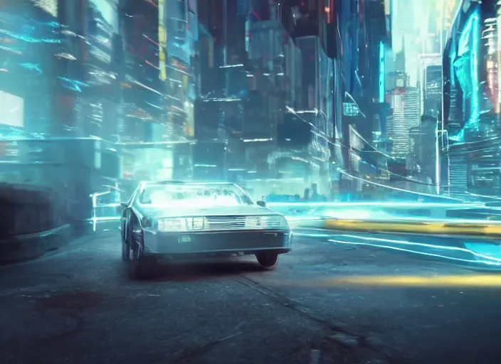 Image similar to a cyberpunk delorean breaking the space - time continuum, energy and time particles, dramatic framing, movie footage, 8 k