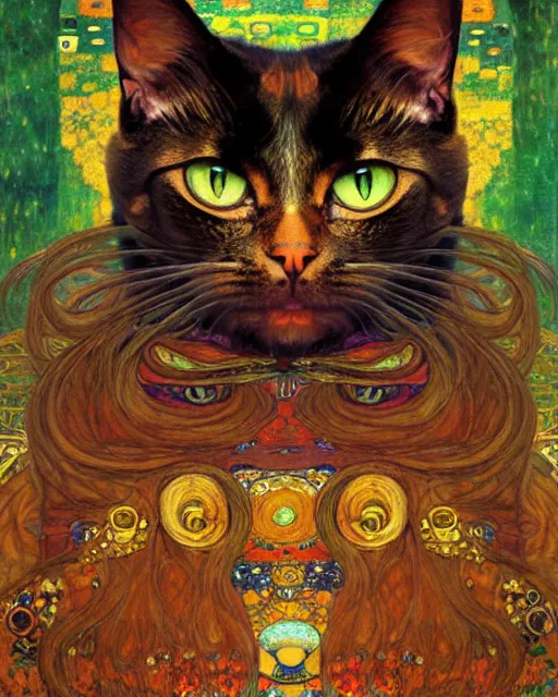 Image similar to demonic cat portrait an oil painting splashes with many colors and shapes by gustav klimt greg rutkowski and alphonse mucha, polycount, generative art, psychedelic, fractalism, glitch art